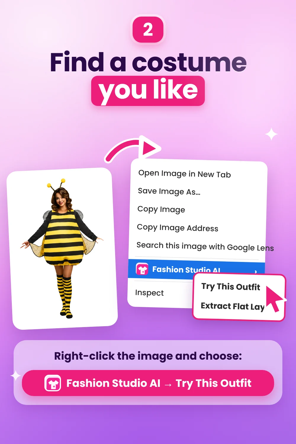 Chrome's image context menu with Fashion Studio AI and Try This Outfit highlighted