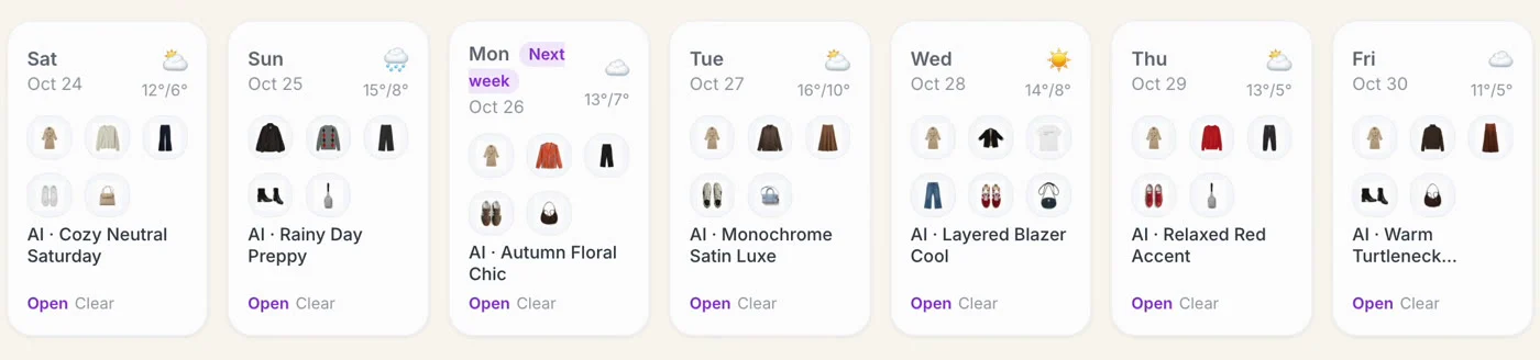 A full week in Week Planner: seven outfit cards from Saturday to Friday, each with the weather and the pieces