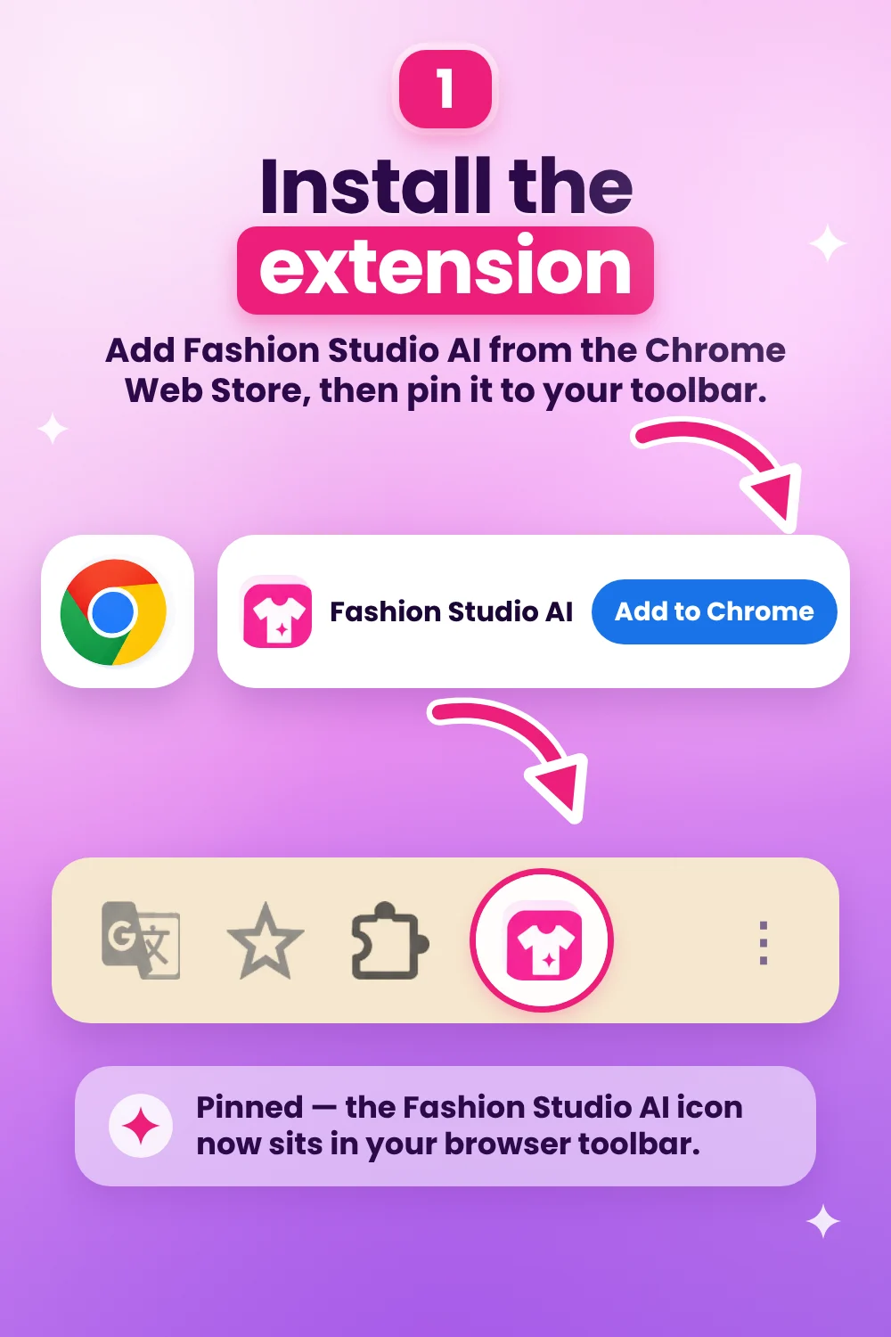 An illustrated guide to installing Fashion Studio AI and pinning it in Chrome