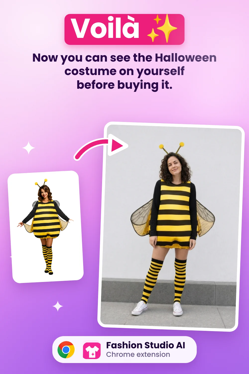 A bee costume reference photo beside the finished AI try-on example