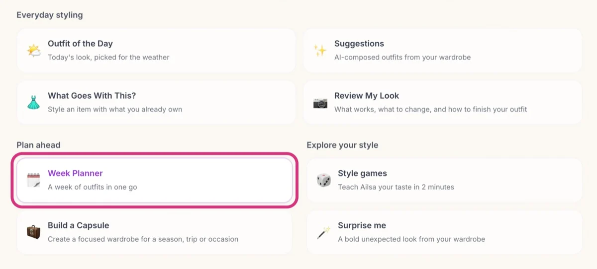 AI Stylist menu in Fashion Studio AI with the Week Planner button circled in the Plan ahead section