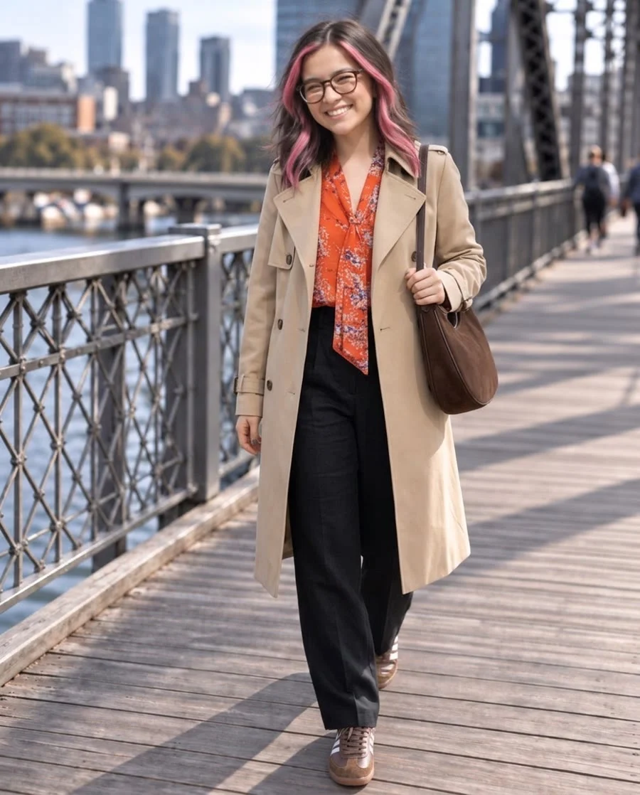 Monday's planned outfit worn on a city bridge: beige trench coat, orange floral blouse, black trousers and a brown bag
