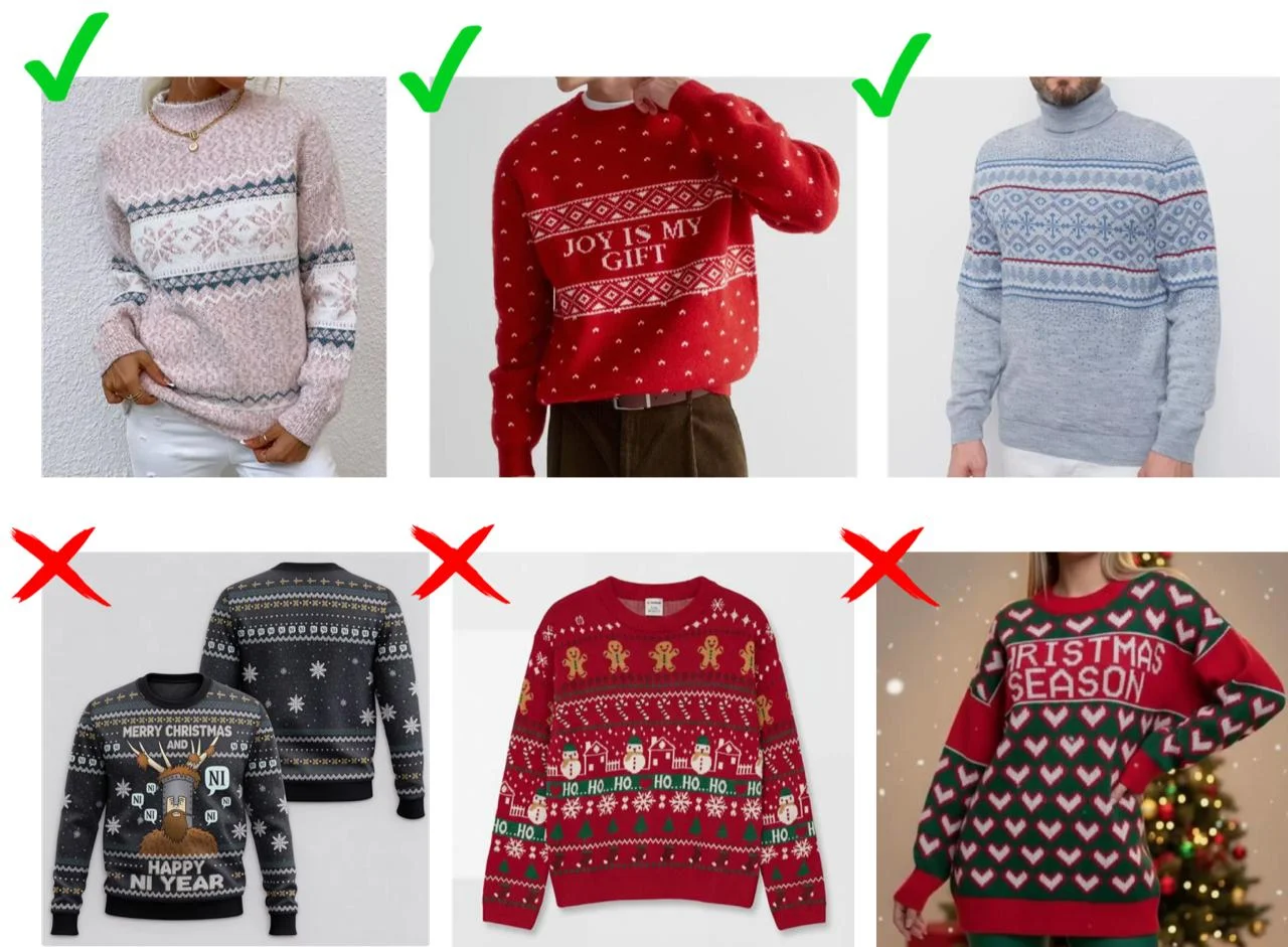 Six seasonal sweaters: three simpler winter knits marked with green checks above three more overtly festive designs marked with red crosses