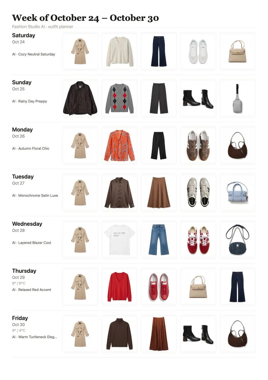 Printed weekly outfit plan from Fashion Studio AI: seven days, each with coat, top, bottoms, shoes and bag