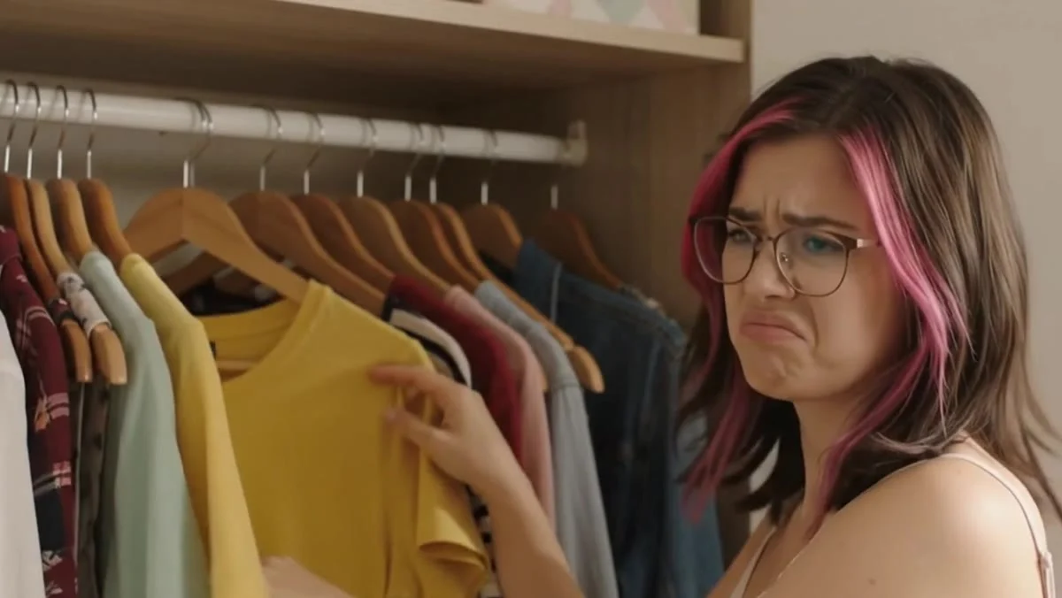 A young woman with pink-streaked hair frowns at a closet full of clothes, unsure what to wear