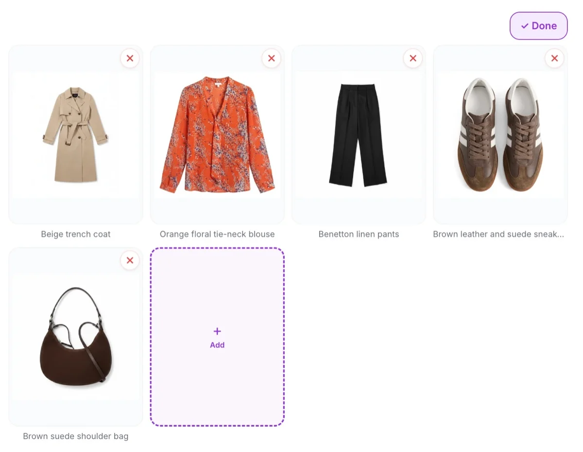 Editing Monday's outfit in Week Planner: trench coat, orange floral blouse, black trousers, brown sneakers and a brown bag, each with a remove button, plus an Add tile