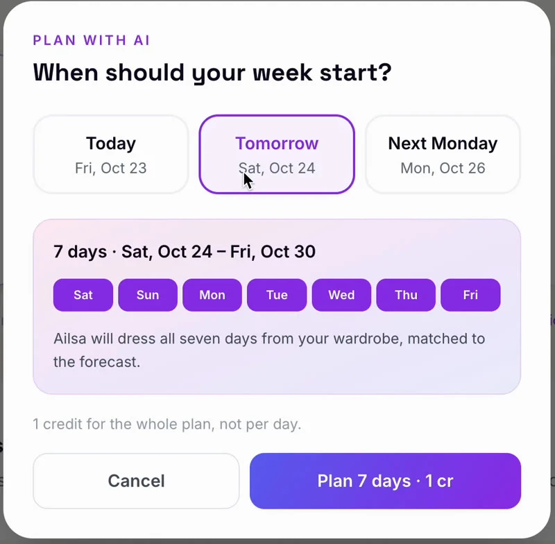 Fashion Studio AI Week Planner window asking when the week should start, with Tomorrow selected